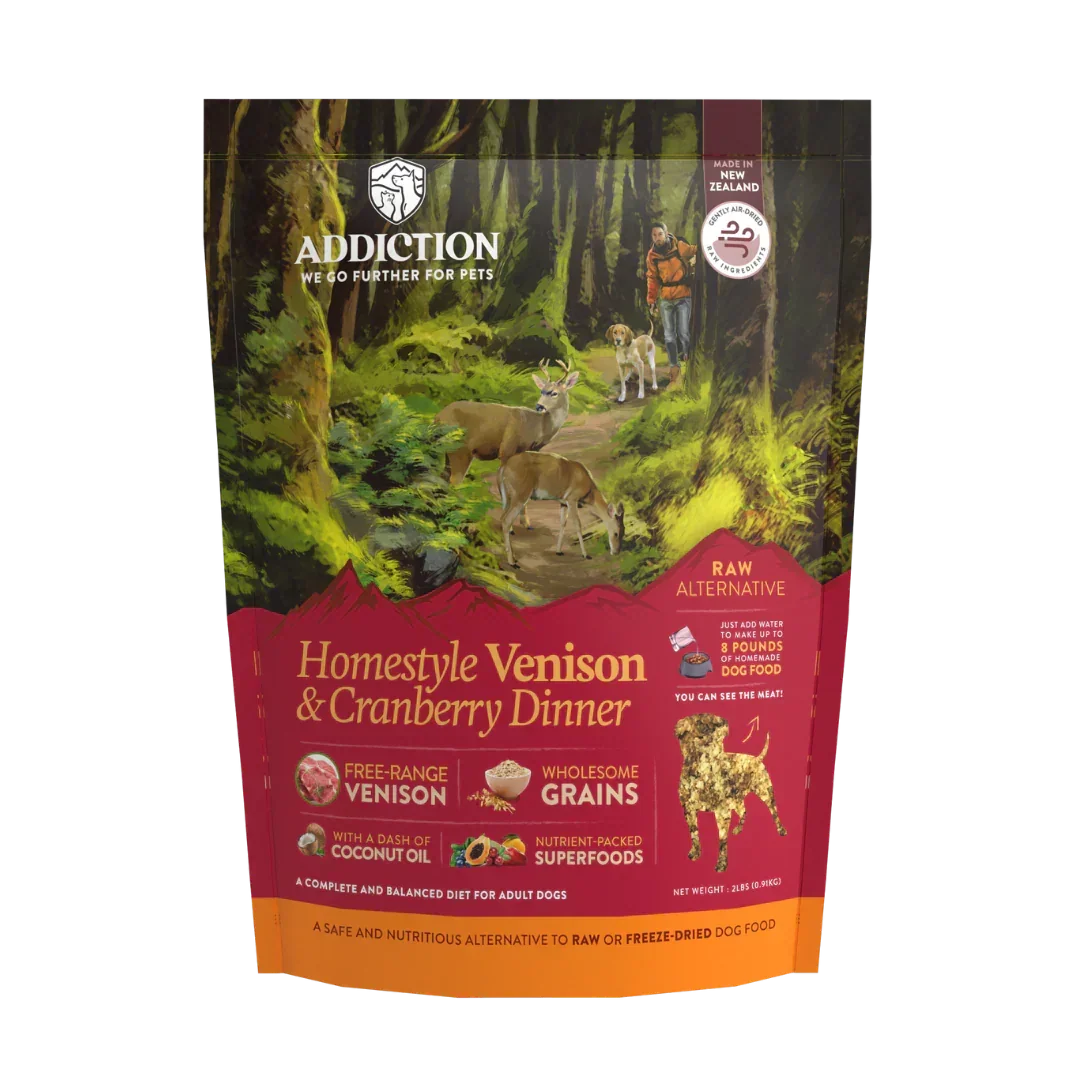 Addiction Homestyle Venison & Cranberry Dinner for adult dogs, raw alternative with free-range venison and wholesome grains