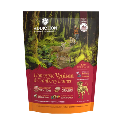 Addiction Homestyle Venison & Cranberry Dinner for adult dogs, raw alternative with free-range venison and wholesome grains