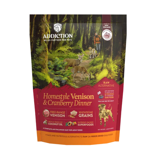 Addiction Homestyle Venison & Cranberry Dinner for adult dogs, raw alternative with free-range venison and wholesome grains