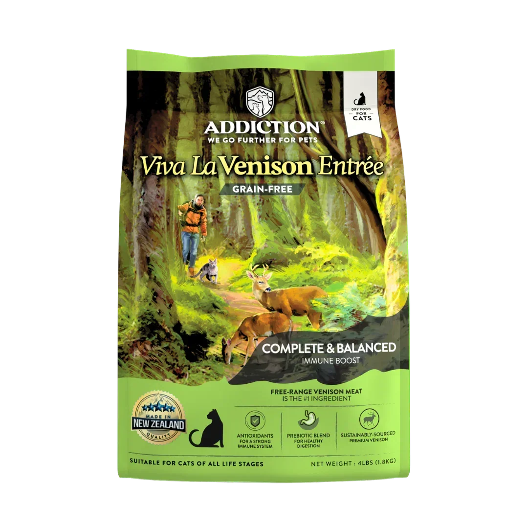 Viva La Venison dry cat food bag, grain-free with forest illustration