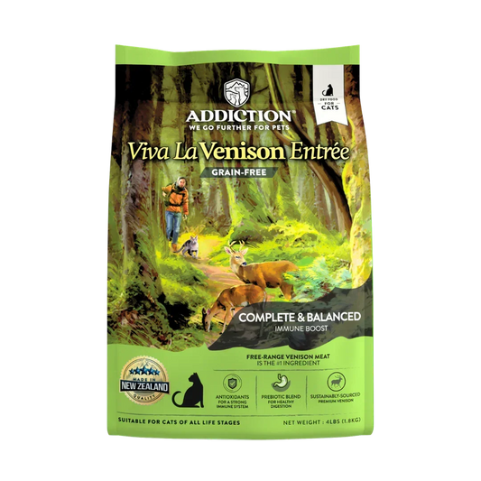 Viva La Venison dry cat food bag, grain-free with forest illustration