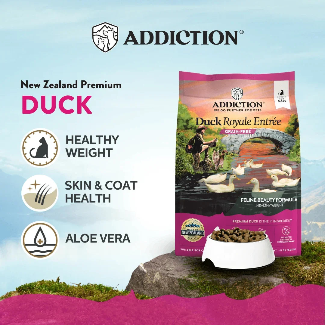 Addiction Duck Royale Entrée cat food for healthy weight and skin, featuring premium duck and aloe vera.