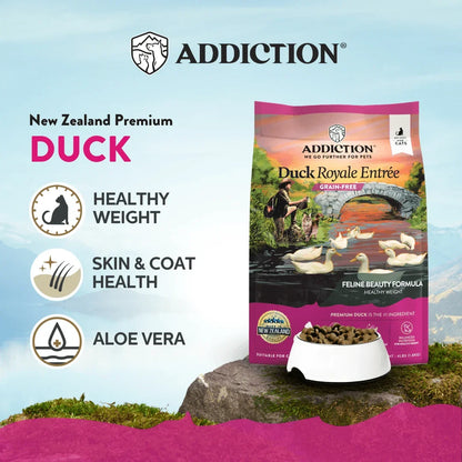 Addiction Duck Royale Entrée cat food for healthy weight and skin, featuring premium duck and aloe vera.