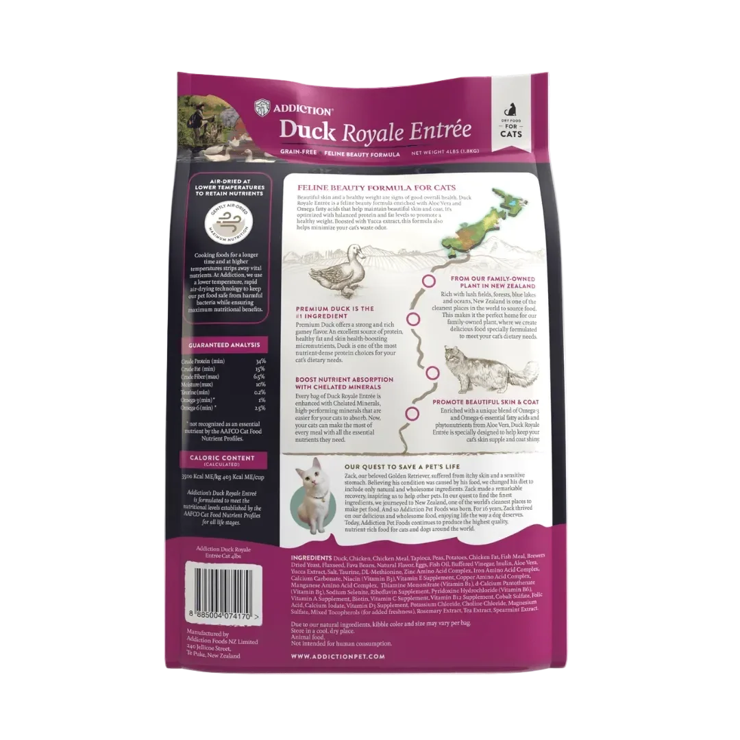 Addiction Duck Royale Entrée cat food bag, grain-free feline beauty formula with premium duck and chelated minerals