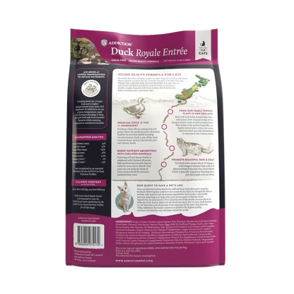 Addiction Duck Royale Entrée cat food bag, grain-free feline beauty formula with premium duck and chelated minerals
