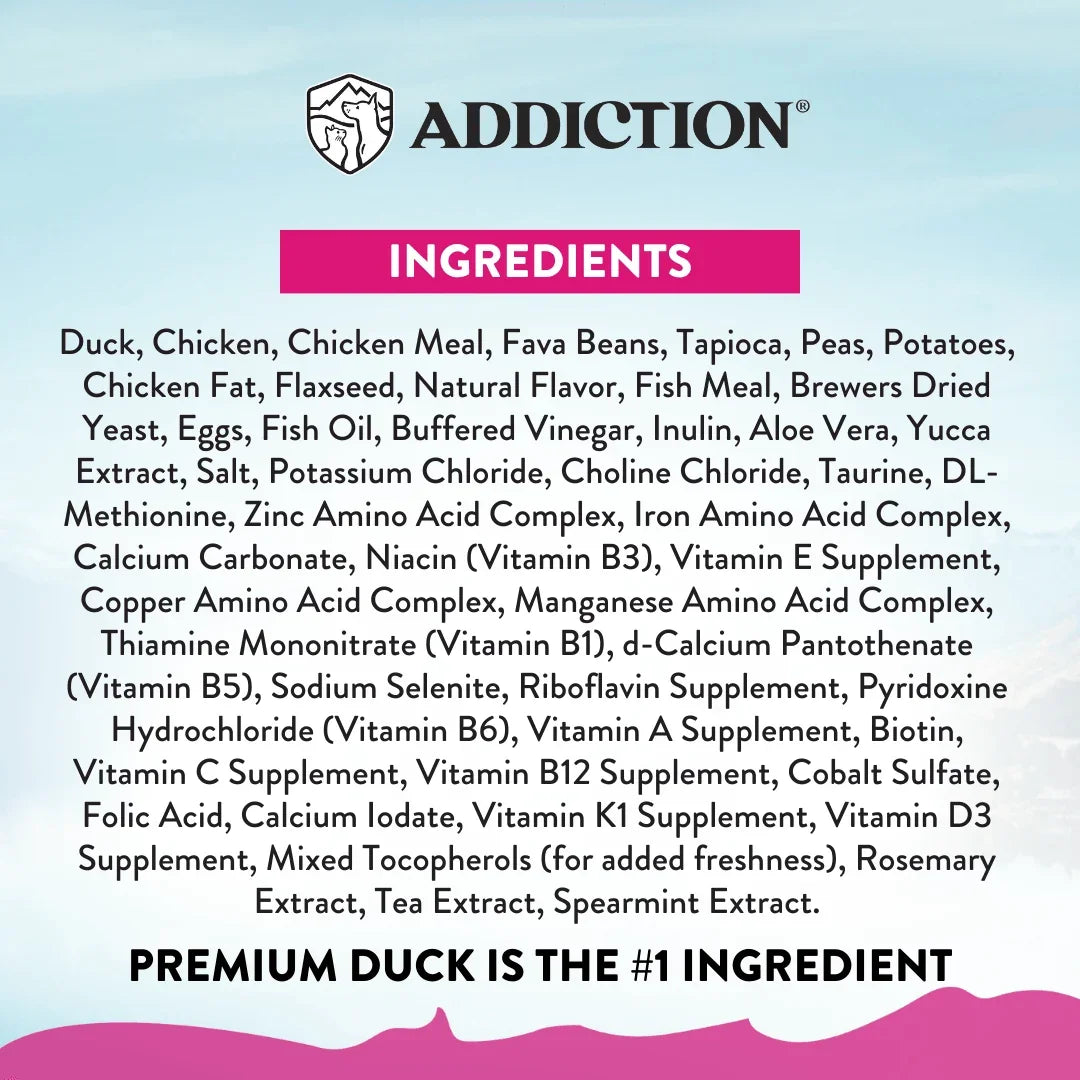 Premium duck-based pet food ingredients list with vitamins and minerals for healthy pets