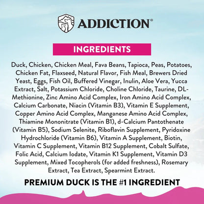Premium duck-based pet food ingredients list with vitamins and minerals for healthy pets