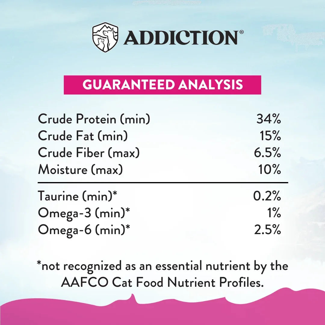 ADDICTION pet food guaranteed analysis with protein, fat, fiber, moisture, taurine, and omega levels
