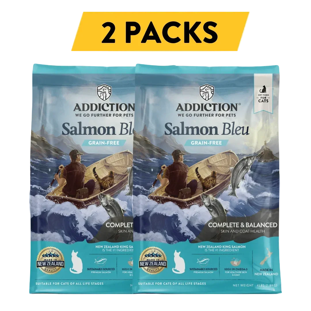 Salmon Bleu grain-free dry cat food 2-pack, two bag fronts
