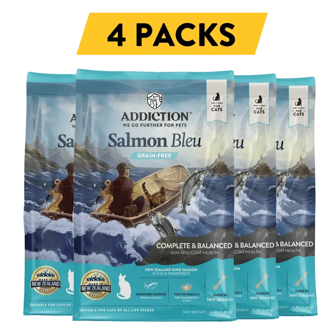 Salmon Bleu grain-free dry cat food 4-pack, multiple bag fronts