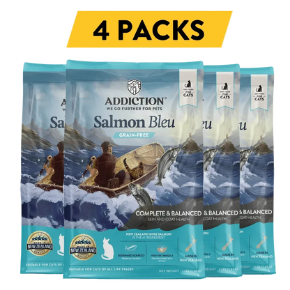 Salmon Bleu grain-free dry cat food 4-pack, multiple bag fronts