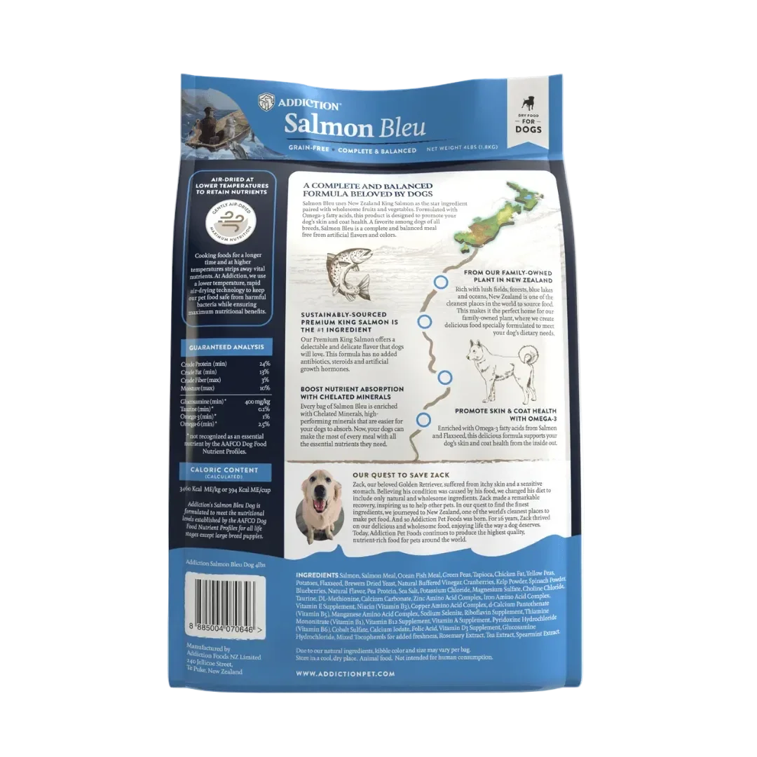 Addiction Salmon Bleu grain-free dog food bag with nutritional info and benefits for skin and coat health