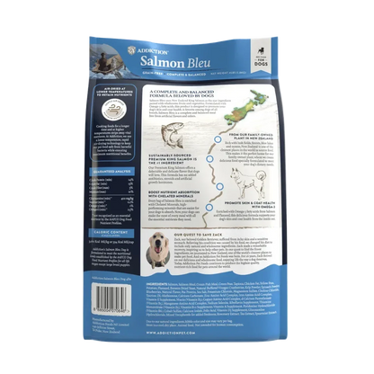 Addiction Salmon Bleu grain-free dog food bag with nutritional info and benefits for skin and coat health