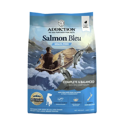Addiction Salmon Bleu grain-free dog food bag, featuring New Zealand King Salmon for skin & coat health, made in NZ
