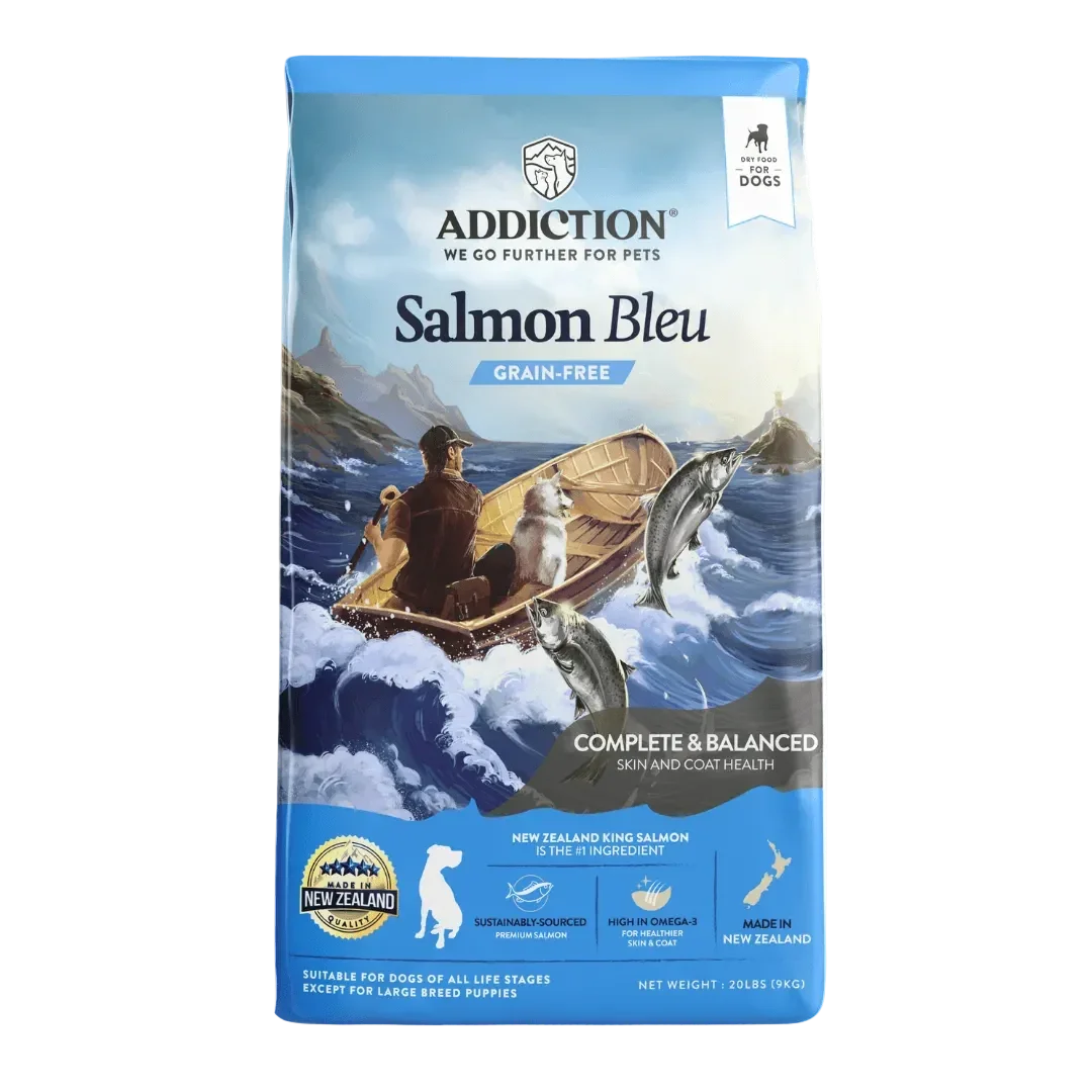 Addiction Salmon Bleu grain-free dog food for skin and coat health, made with New Zealand King Salmon