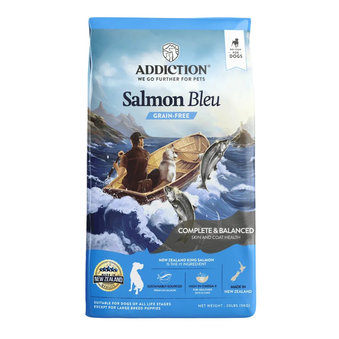 Single “Addiction Salmon Bleu” grain-free dry dog food bag with complete & balanced label