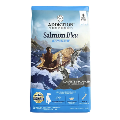 Addiction Salmon Bleu grain-free dog food for skin and coat health, made with New Zealand King Salmon