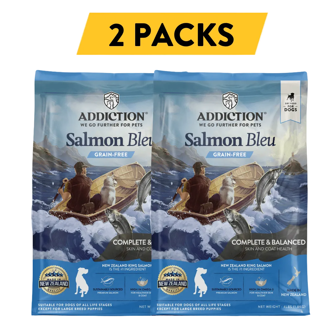 Two-pack bundle of “Addiction Salmon Bleu” grain-free dry dog food bags