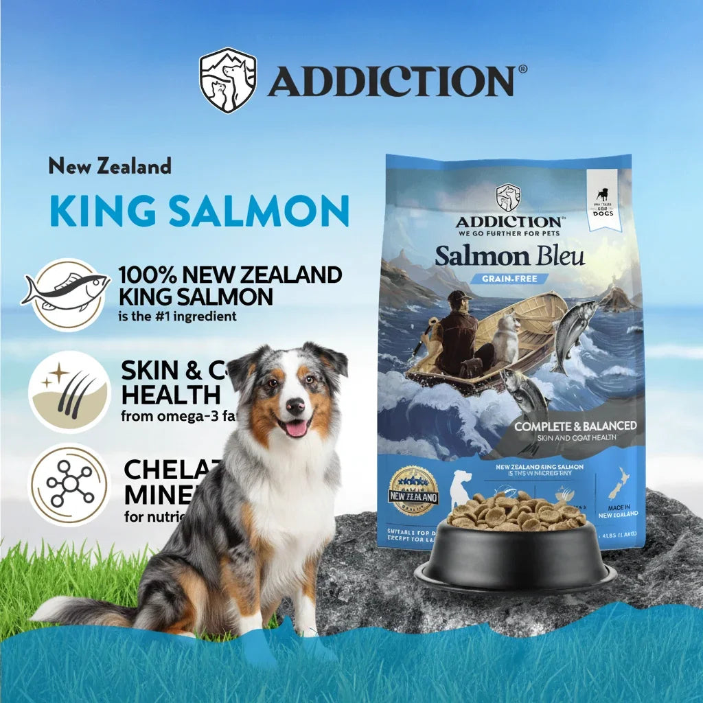 Addiction Salmon Bleu grain-free dog food with New Zealand king salmon, promoting skin & coat health for dogs