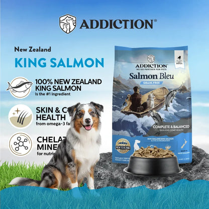 Addiction Salmon Bleu grain-free dog food with New Zealand king salmon, promoting skin & coat health for dogs