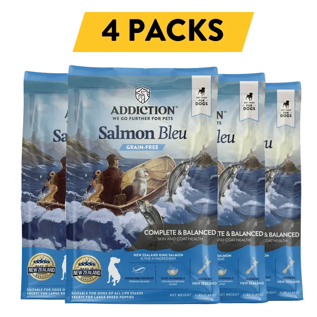 4 packs of Addiction Salmon Bleu grain-free dog food for skin and coat health, made in New Zealand