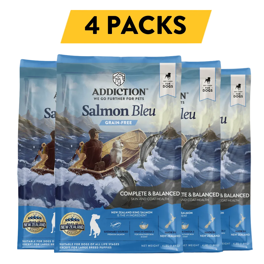Four-pack bundle of “Addiction Salmon Bleu” grain-free dry dog food bags