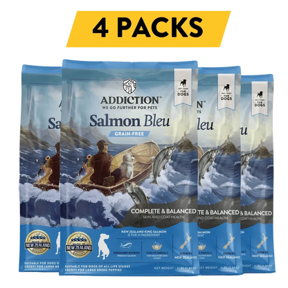 4 packs of Addiction Salmon Bleu grain-free dog food for skin and coat health, made in New Zealand