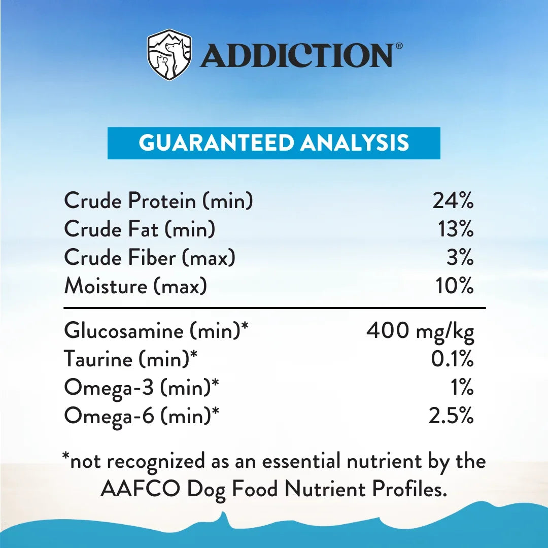Addiction dog food guaranteed analysis with protein, fat, fiber, moisture, glucosamine, taurine, and omega levels