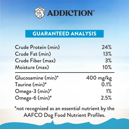 Addiction dog food guaranteed analysis with protein, fat, fiber, moisture, glucosamine, taurine, and omega levels
