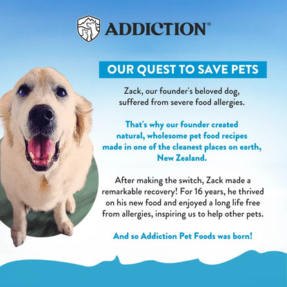 Happy dog with natural pet food story from Addiction Pet Foods