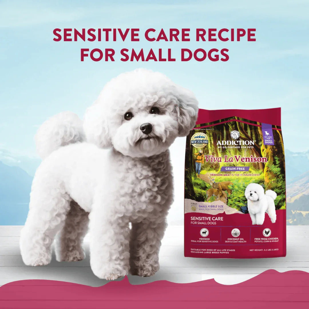 Sensitive care grain-free venison dry dog food bag for small dogs with white dog