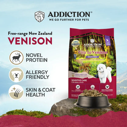 Venison dry dog food bag for small breeds with novel protein and allergy friendly claims