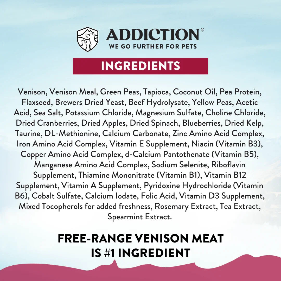 Ingredients list for grain-free dry dog food featuring venison and venison meal