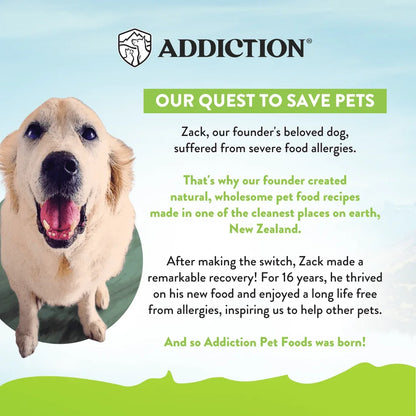 Brand story panel with a dog photo and message about natural pet food recipes in New Zealand.