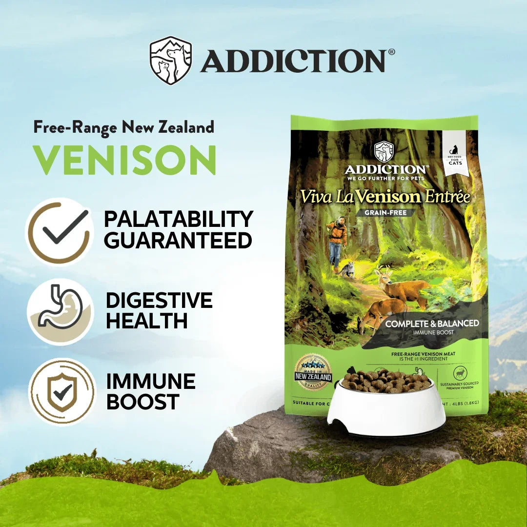 Viva La Venison dry cat food bag with kibble in white bowl