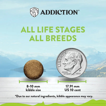 Dry cat food packaging panel showing all life stages and all breeds sizing and kibble measures.