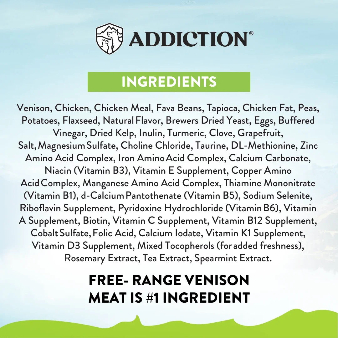 Ingredients panel listing venison and other components; highlights free-range venison as #1.