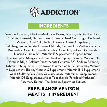Ingredients panel listing venison and other components; highlights free-range venison as #1.