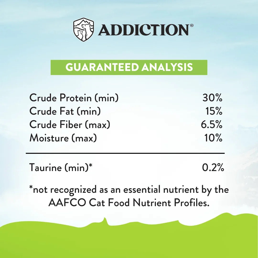 Guaranteed analysis panel listing crude protein, fat, fiber, moisture, and taurine minimums.