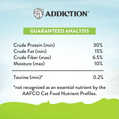 Guaranteed analysis panel listing crude protein, fat, fiber, moisture, and taurine minimums.