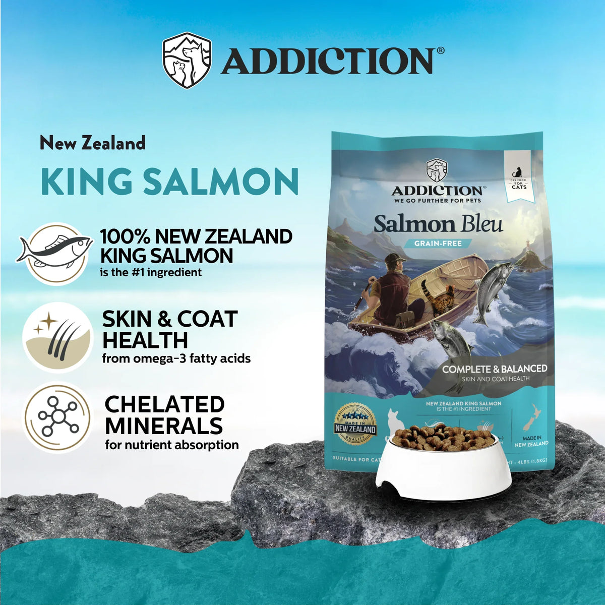 Dry cat food bag with key benefits: New Zealand king salmon, skin & coat, chelated minerals