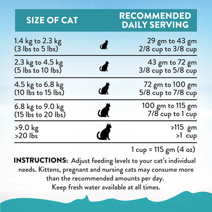 Dry cat food size chart with recommended daily servings by cat weight and kibble grams