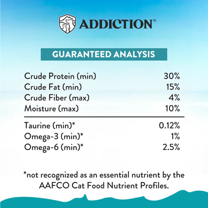 Dry cat food guaranteed analysis: protein 30%, fat 15%, fiber 4%, moisture 10%