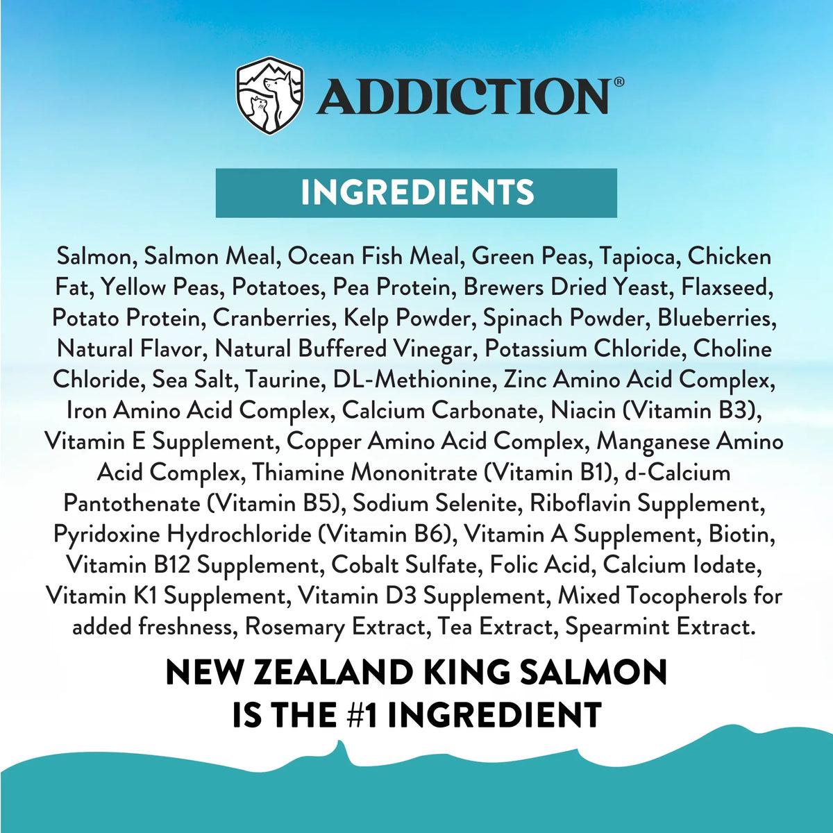 Dry cat food ingredients panel; New Zealand king salmon listed as #1 ingredient