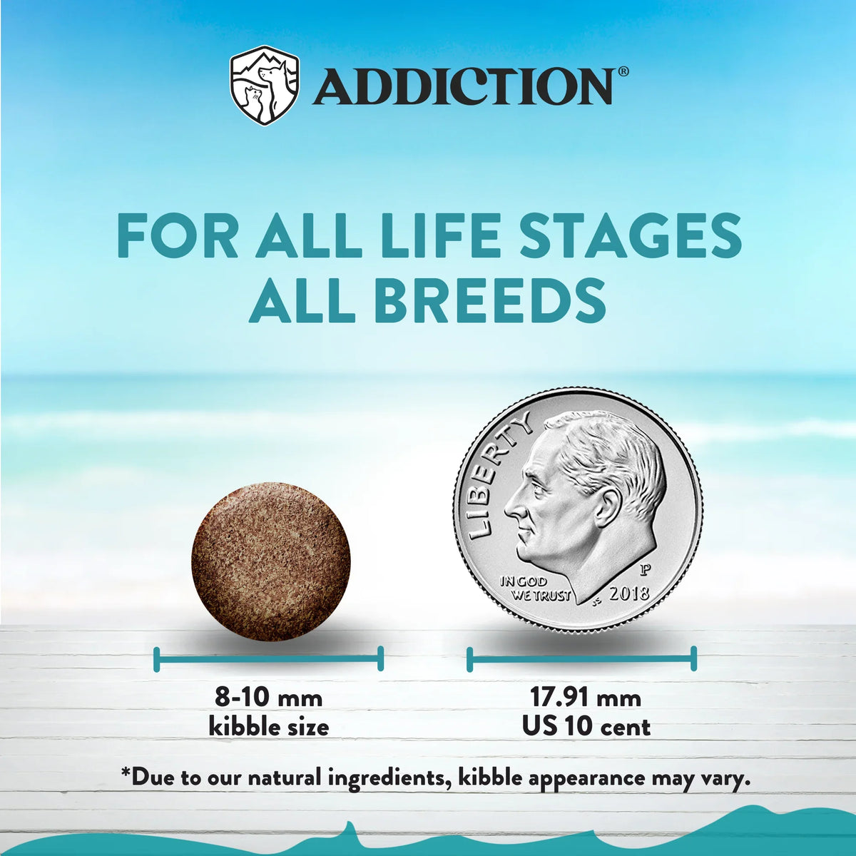 Dry cat food for all life stages, all breeds; kibble size 8–10 mm or 17.91 mm