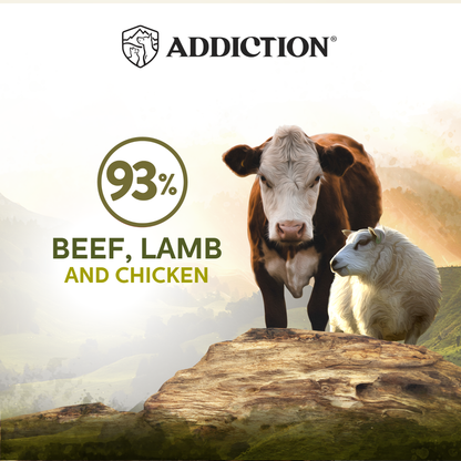 ADDICTION 93% beef, lamb, and chicken pet food label graphic with dog and cow illustrations