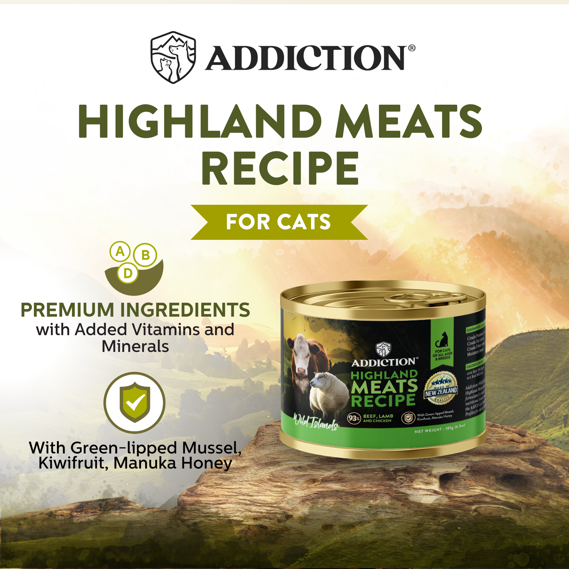 ADDlCTION canned cat food, Highland Meats Recipe flavor can for cats with gold lid