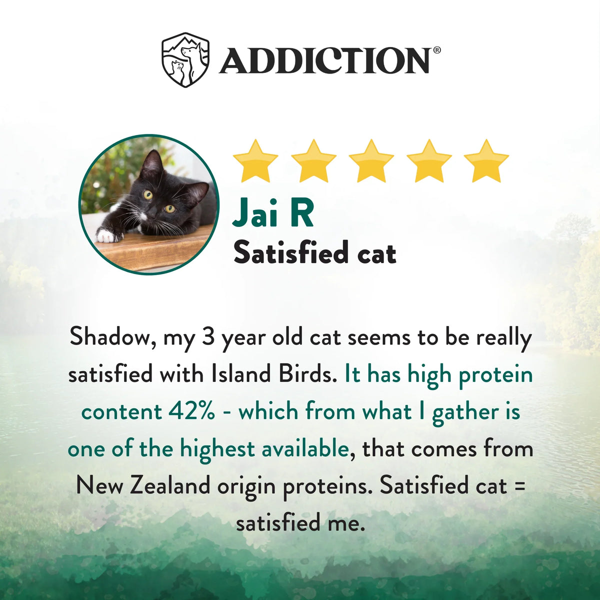 Wild Islands dry cat food review panel with 5 stars and customer satisfaction text