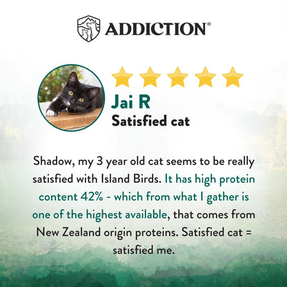 Wild Islands dry cat food review panel with 5 stars and customer satisfaction text