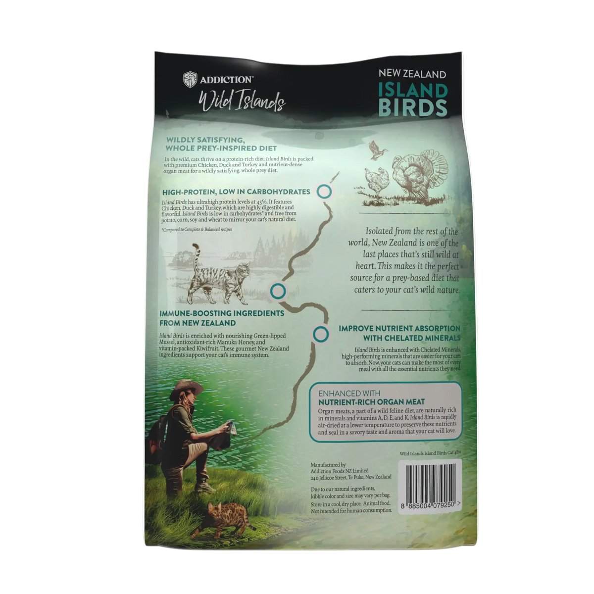 Back of Wild Islands dry cat food bag with feeding info and ingredient text